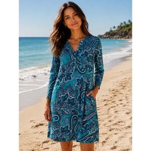 Coolibar Womens Teal Paisley UPF 50+ Sun Protection Dress XS Cotton Bamboo Blend